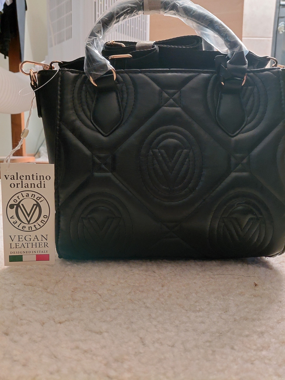 Valentino Orlandi Black Quilted Vegan Leather Tote with Embossed Logo